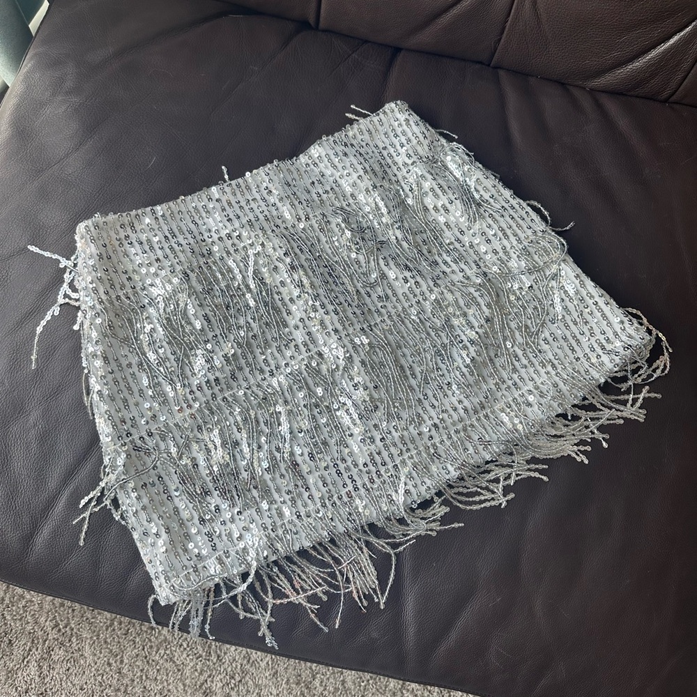 Silver Sequin Fringe Skirt